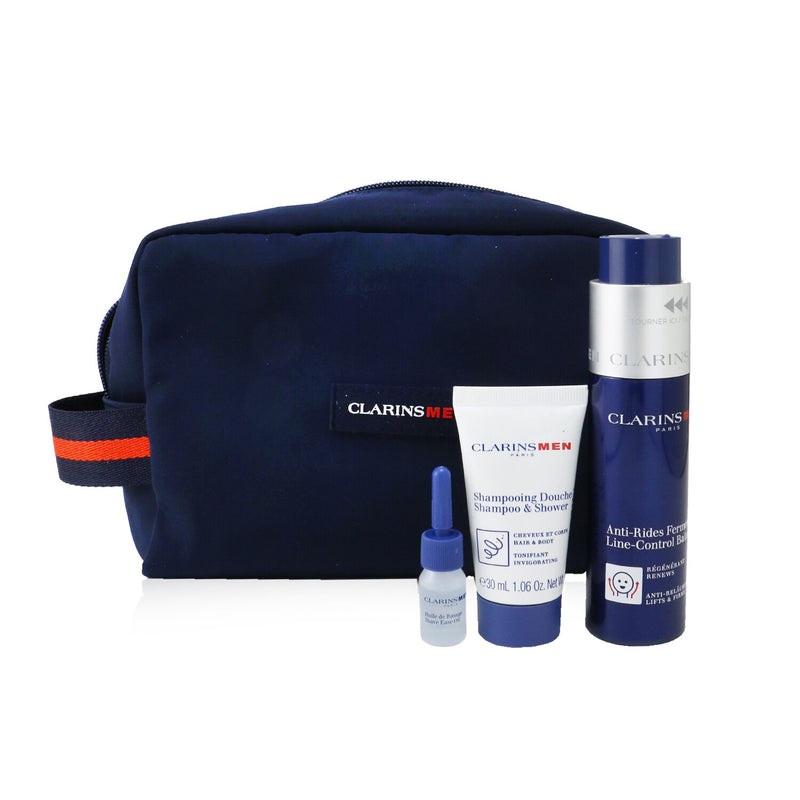 Clarins Men Expert Firming Essentials Set: Line-Control Balm 50ml + Shampoo & Shower 30ml + Shave Ease oil 3ml  3pcs+1pouch