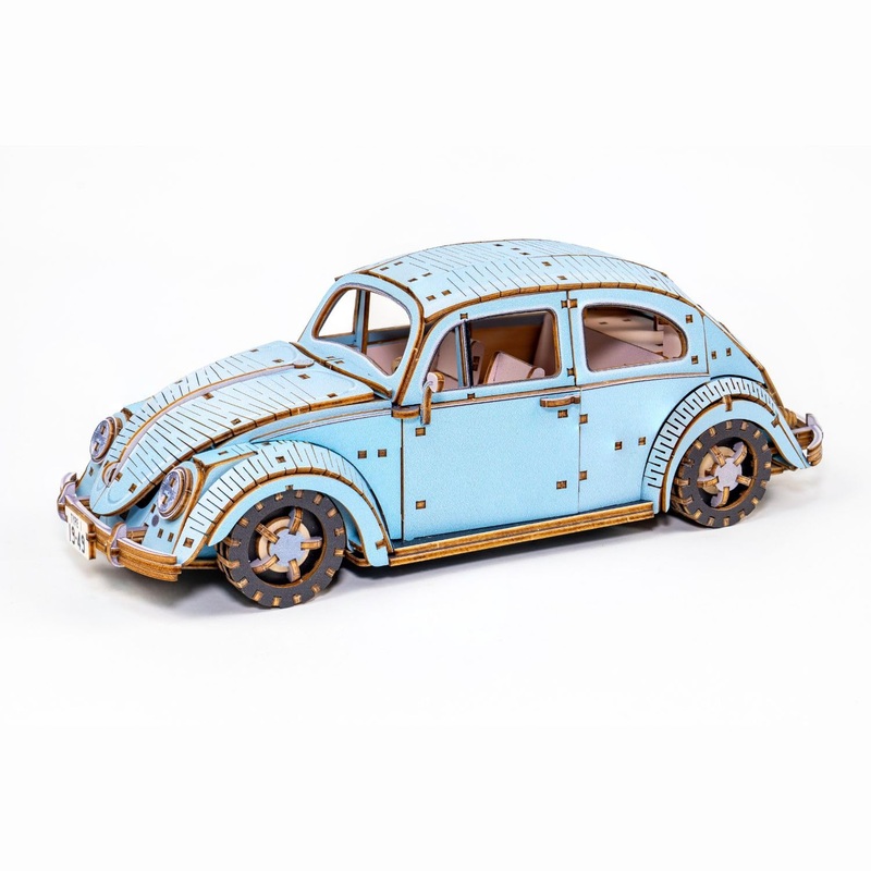 Ki-Gu-Mi Vw Beetle Type 1 Blue 3D Wooden Puzzle Model Kit for Adults