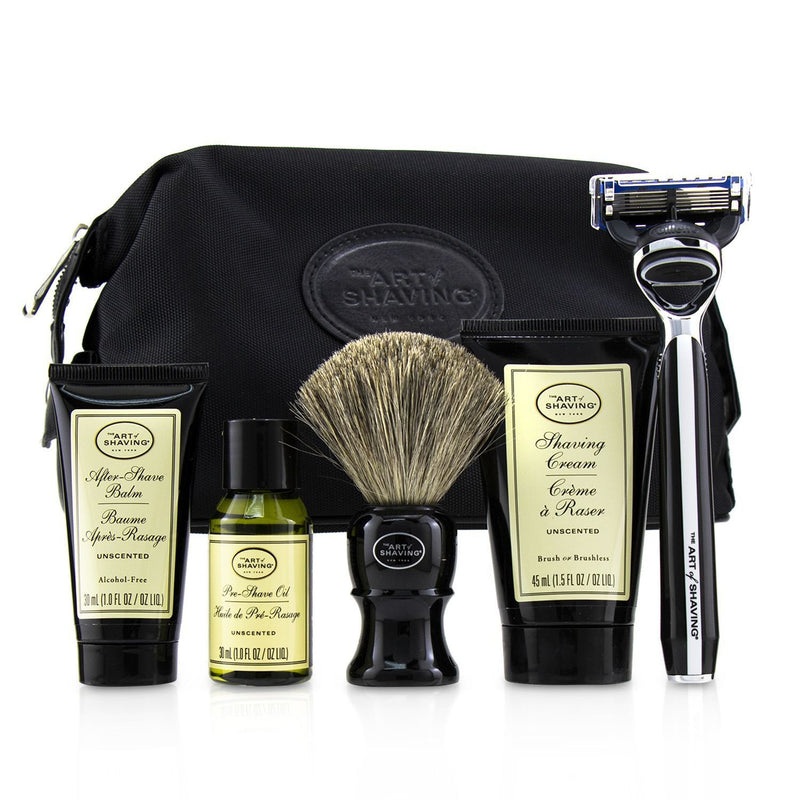 The Art Of Shaving The Four Elements of The Perfect Shave Set with Bag – Unscented: Pre Shave Oil + Shave Crm + A/S Balm + Brush + Razor  5pcs+1Bag