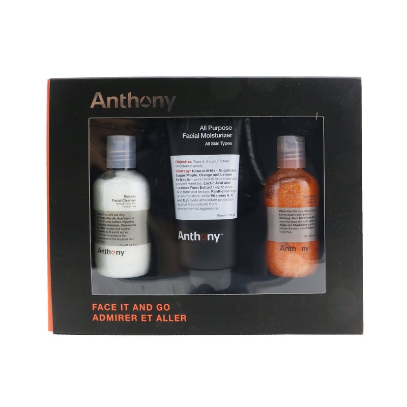 Anthony Face It & Go Kit: Glycolic Facial Cleanser 100ml + All Purpose Facial Moisturizer 90ml + Facial Scrub 100ml  3pcs