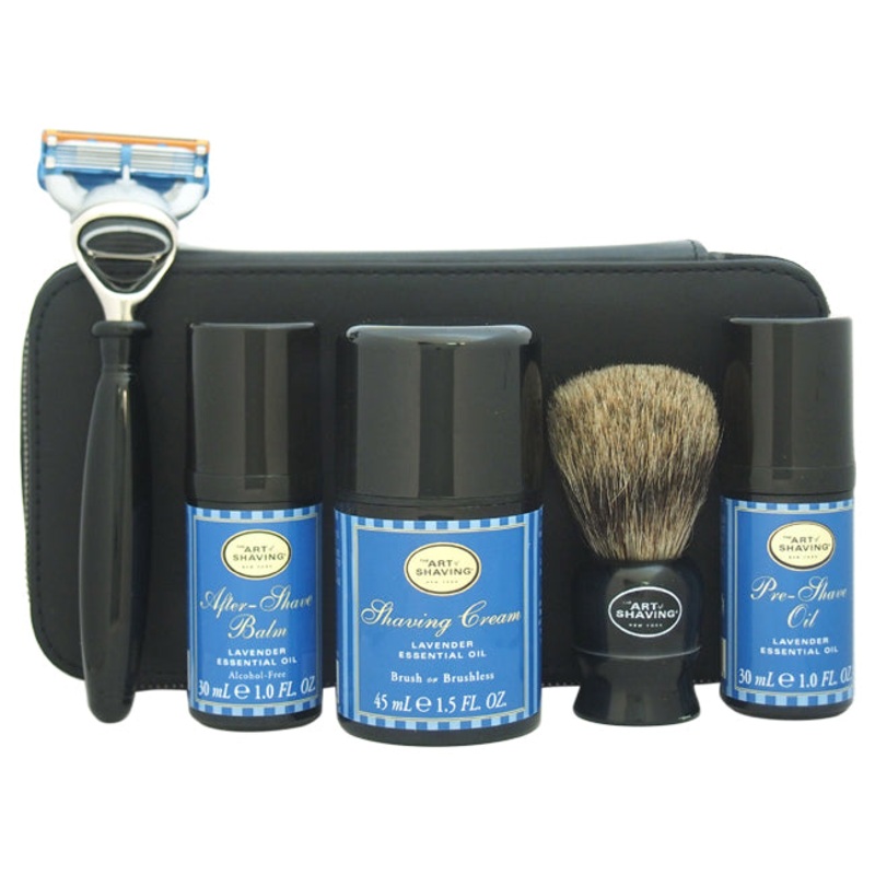 The Art of Shaving Travel Kit – Lavender by The Art of Shaving for Men – 7 Pc Kit 1oz Pre-Shave Oil, 1.5oz Shaving Cream, 1oz After-Shave Balm, Shaving Brush, Razor, Cartridge, Leather Case