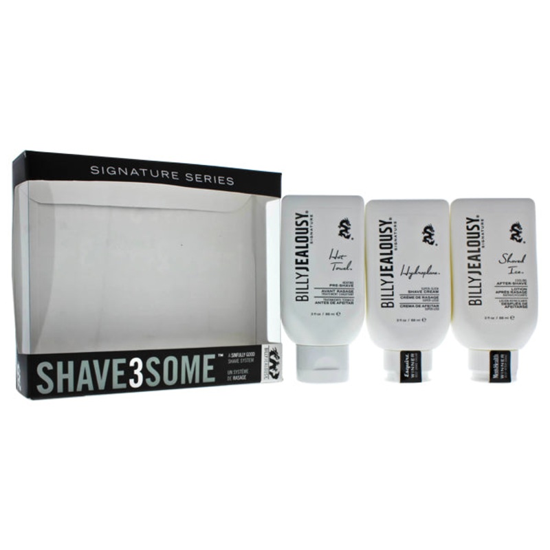 Billy Jealousy Shave3Some Trio by Billy Jealousy for Men – 3 Pc Kit 3oz Hot Towel Pre-Shave, 3oz Hydroplane Shave Cream, 3oz Shaved Ice After-Shave